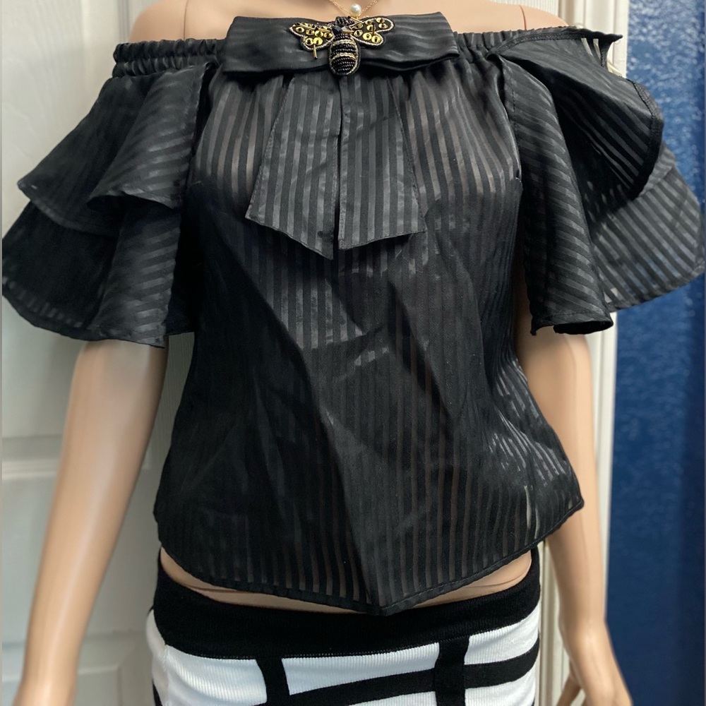 Chic Black Off-Shoulder Blouse with Butterfly Accent